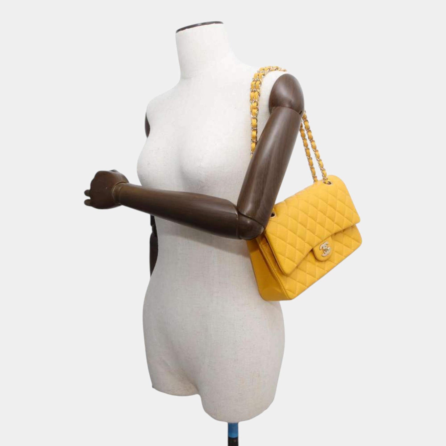 Original Chanel Yellow Caviar Leather Matelasse W Flap W Chain Shoulder bag Size 25