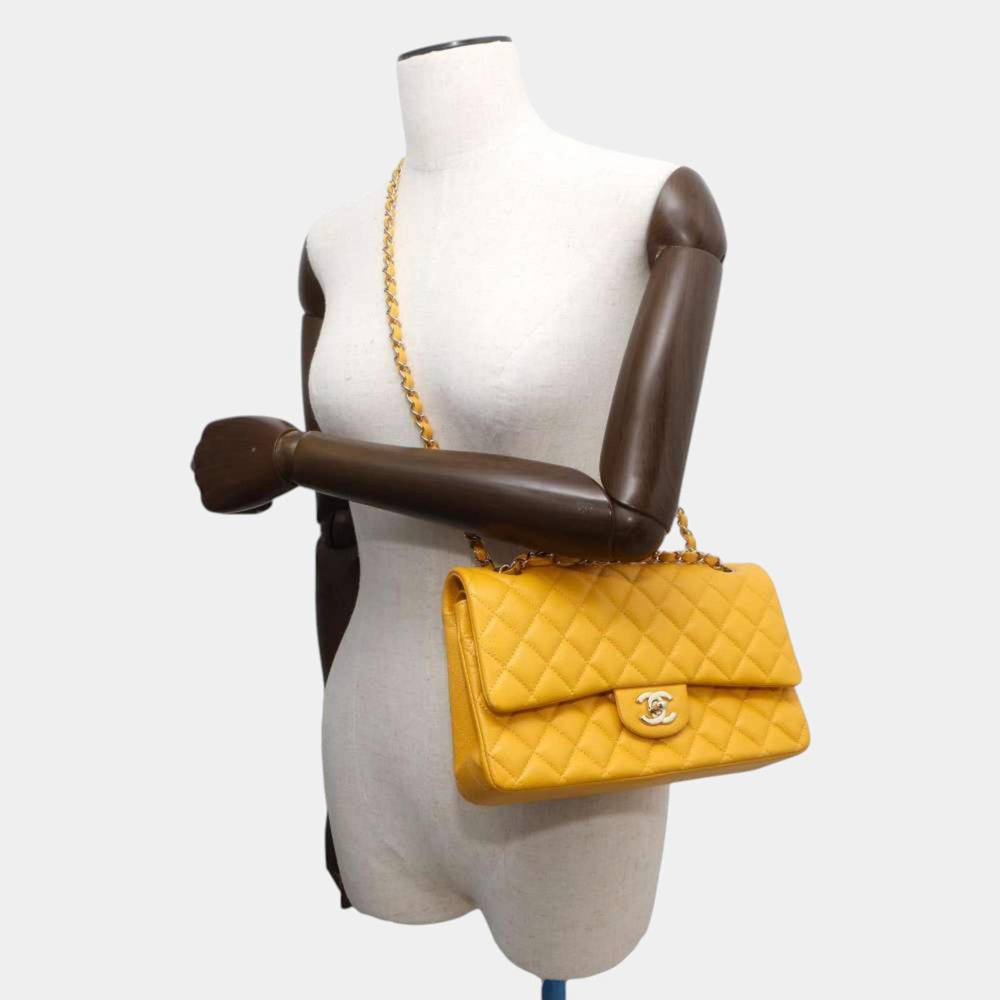 Original Chanel Yellow Caviar Leather Matelasse W Flap W Chain Shoulder bag Size 25