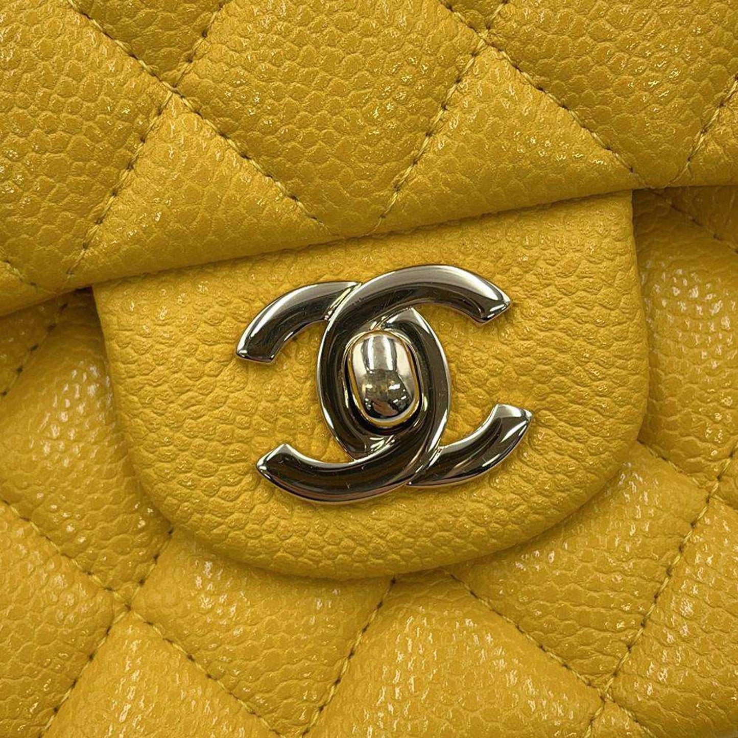 Original Chanel Yellow Caviar Leather Matelasse W Flap W Chain Shoulder bag Size 25