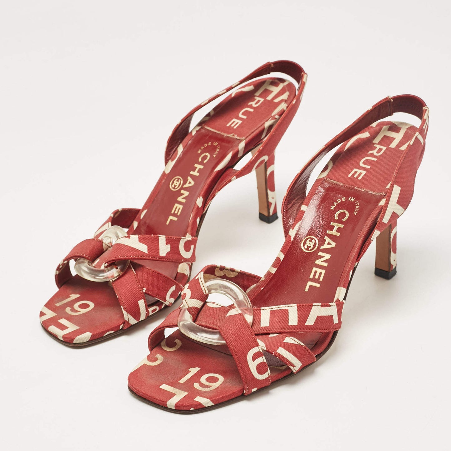 Original Chanel Red/White  Canvas Ankle Strap Sandals Size 38