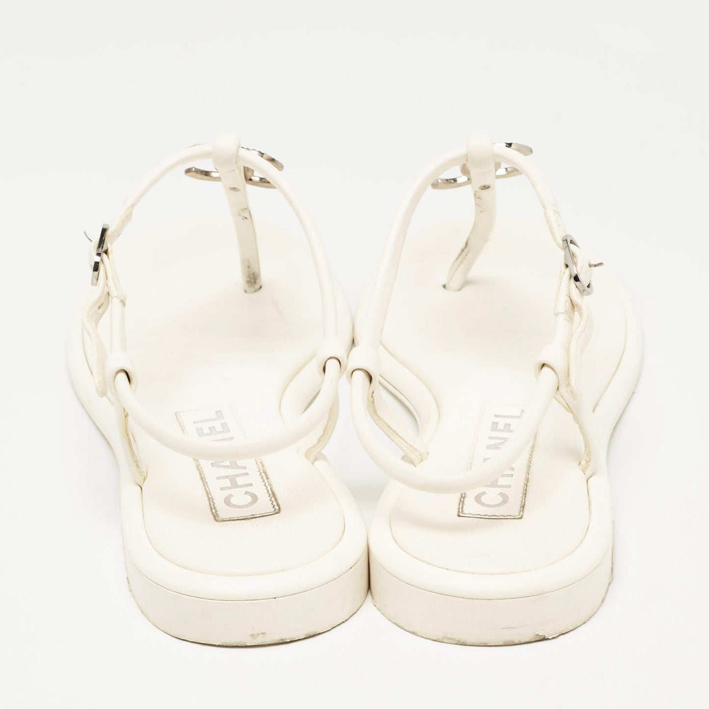 Original Chanel White Leather CC Thong Sandals Size 38