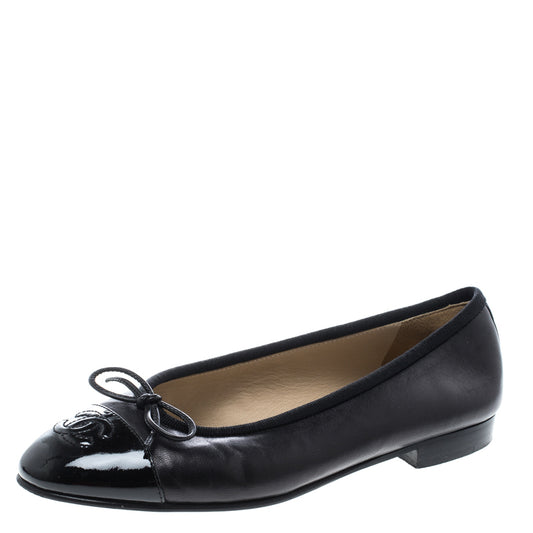 Original Chanel Black Leather CC Cap Toe Ballet Flats Size 35.5