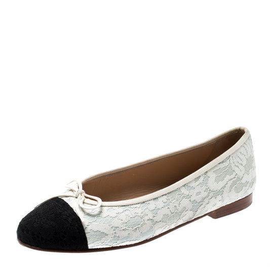 Original Chanel White/Black Lace And Leather Bow Cap Toe Ballet Flats Size 40