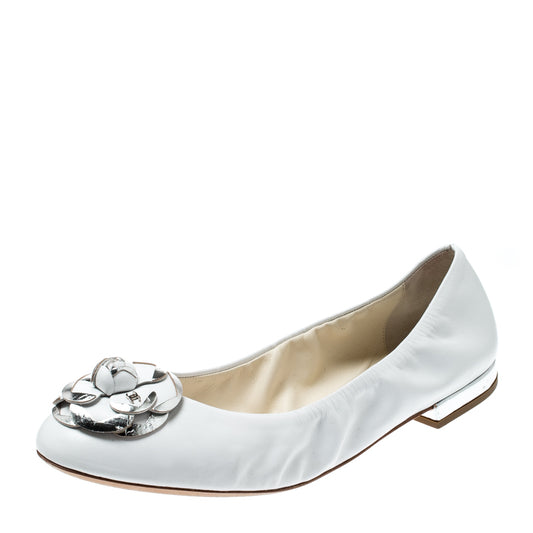 Original Chanel White Camellia Applique Leather Ballet Flats Size 38