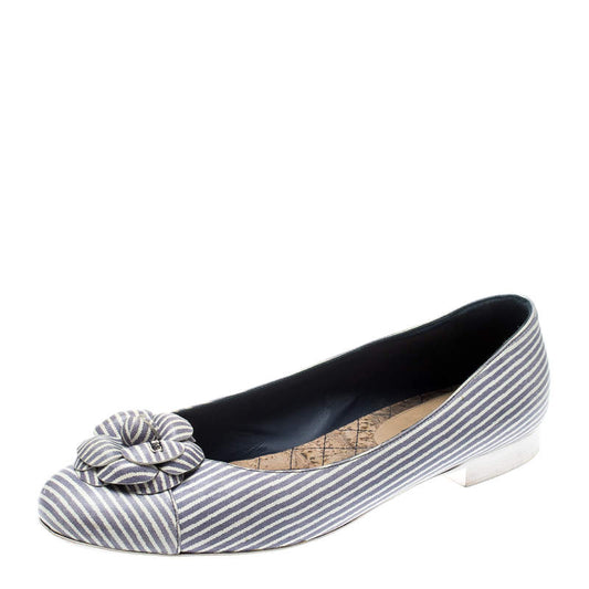 Original Chanel Lilac and White Striped Camellia Ballet Flats Size 39.5