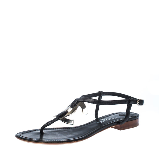 Original Chanel Black Leather CC Thong Flat Sandals Size 37.5