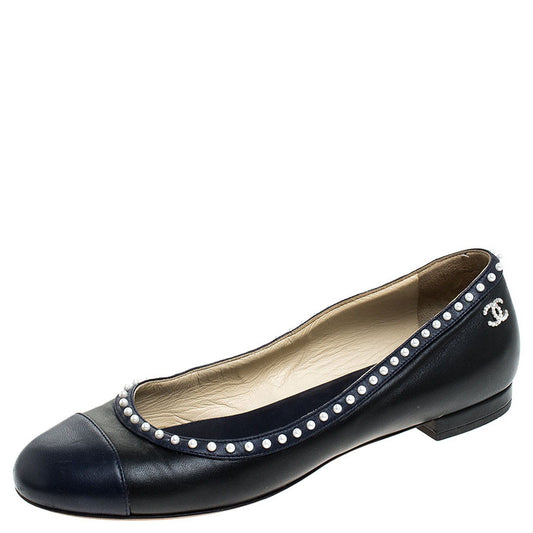 Original Chanel Black/Blue Leather Pearl Cap Toe Ballerina Flats Size 38.5