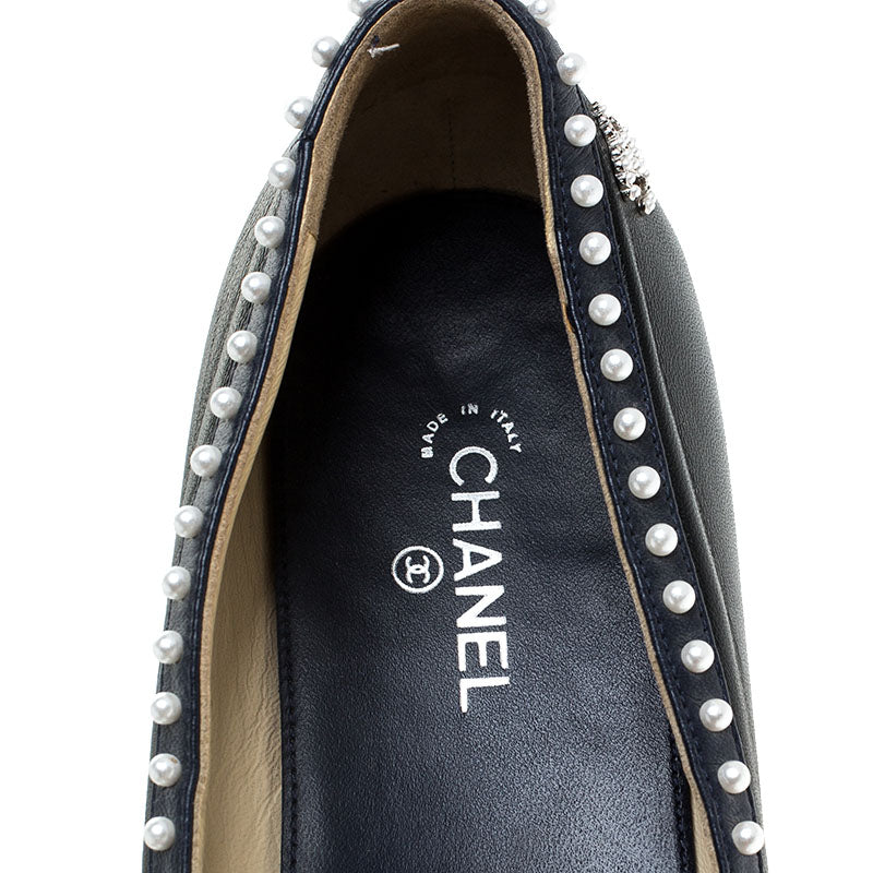 Original Chanel Black/Blue Leather Pearl Cap Toe Ballerina Flats Size 38.5