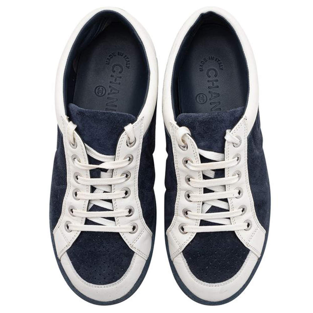 Original Chanel Blue/White Suede Leather CC Low Top Sneakers Size 37