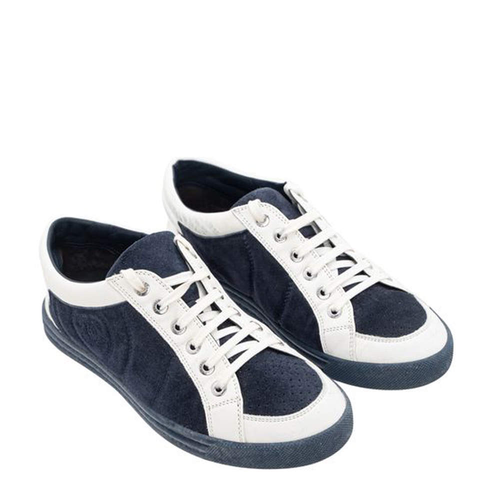 Original Chanel Blue/White Suede Leather CC Low Top Sneakers Size 37