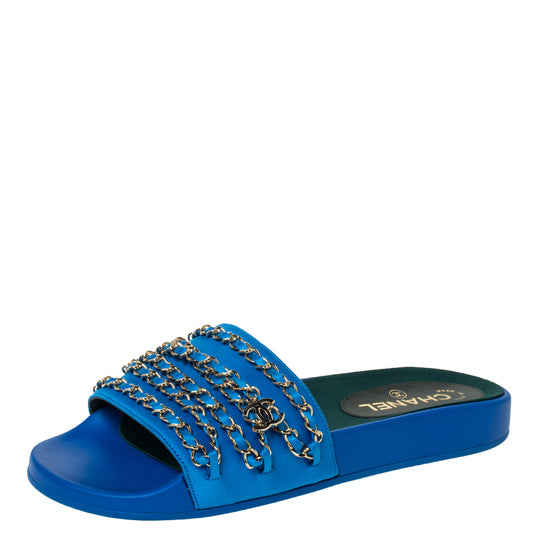 Original Chanel Blue Satin Tropiconic Chain Detail Slides Size 40