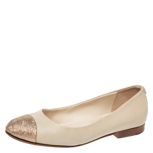 Original Chanel Beige Leather Glitter Cap Toe Ballet Flats Size 34.5