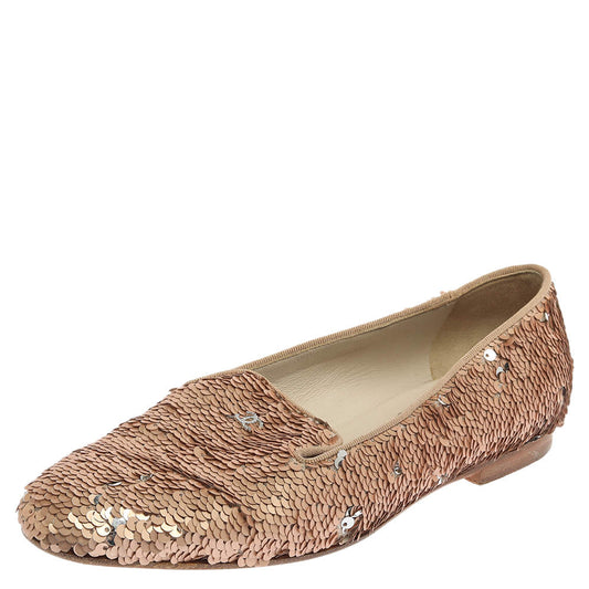 Original Chanel Rose Gold Sequin CC Smoking Slipper Loafers Size 37