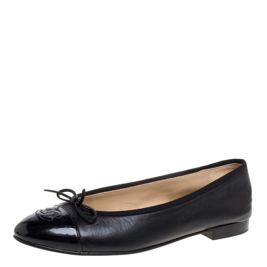 Original Chanel Black Leather And Patent Leather CC Cap Toe Bow Flats Size 40