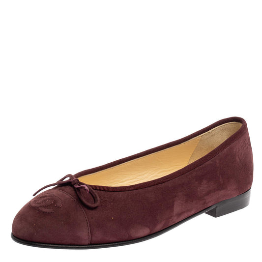 Original Chanel Burgundy Suede CC Cap Toe Bow Flats Size 37.5