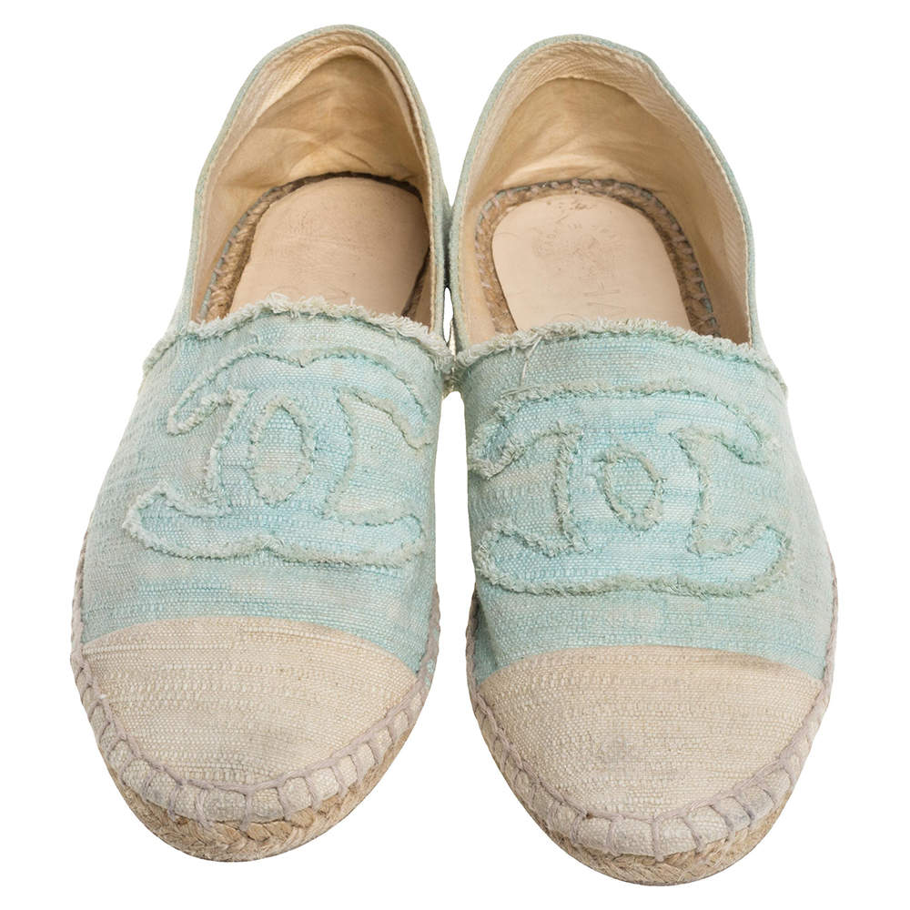 Original Chanel Green/White Canvas CC Cap Toe Flat Espadrilles Size 38