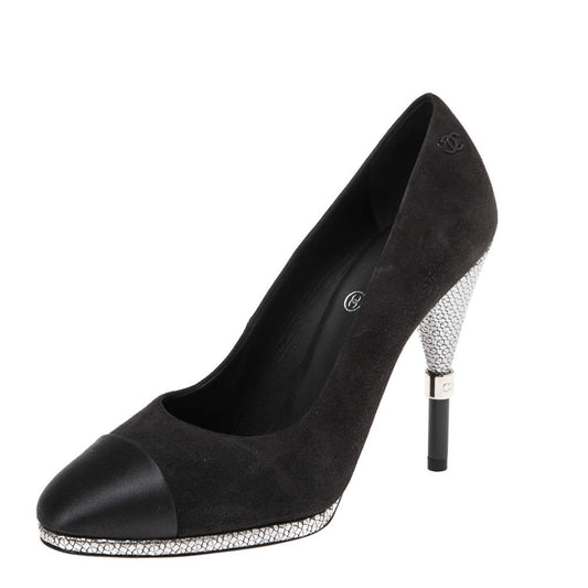 Original Chanel Black Suede And Satin  Cap Toe Pumps Size 36.5