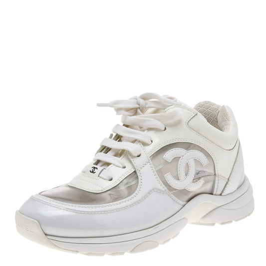 Original Chanel White Leather And PVC CC Sneakers Size 37