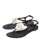 Original Chanel Black/White Patent Leather CC Camellia Flat Thong Sandals Size 36.5