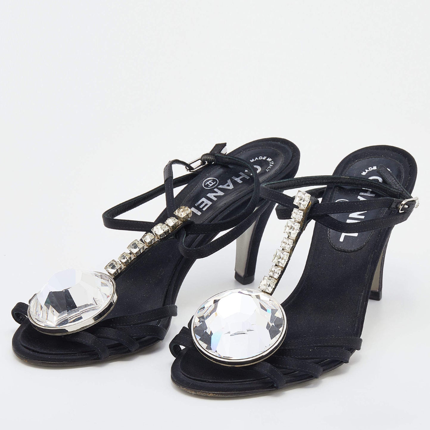 Original Chanel Black Satin Diamante Strappy Sandals Size 37