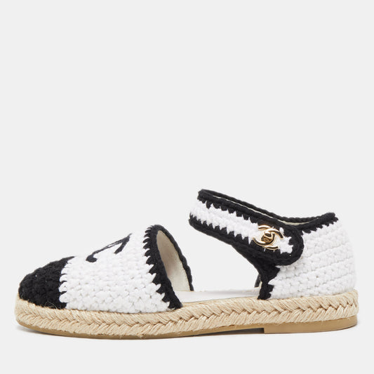 Original Chanel White/Black Embroidery Ankle Strap Espadrilles Size 37