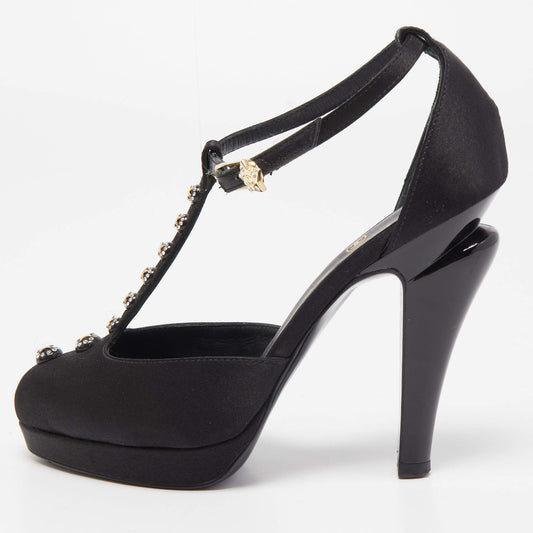 Original Chanel Black Satin Crystal Embellished T-Strap Platform Pumps Size 35.5