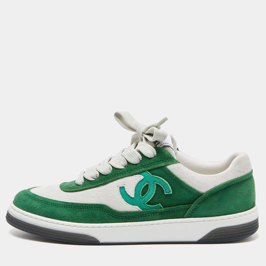 Original Chanel Green/White Suede Low Top Sneakers Size 37.5