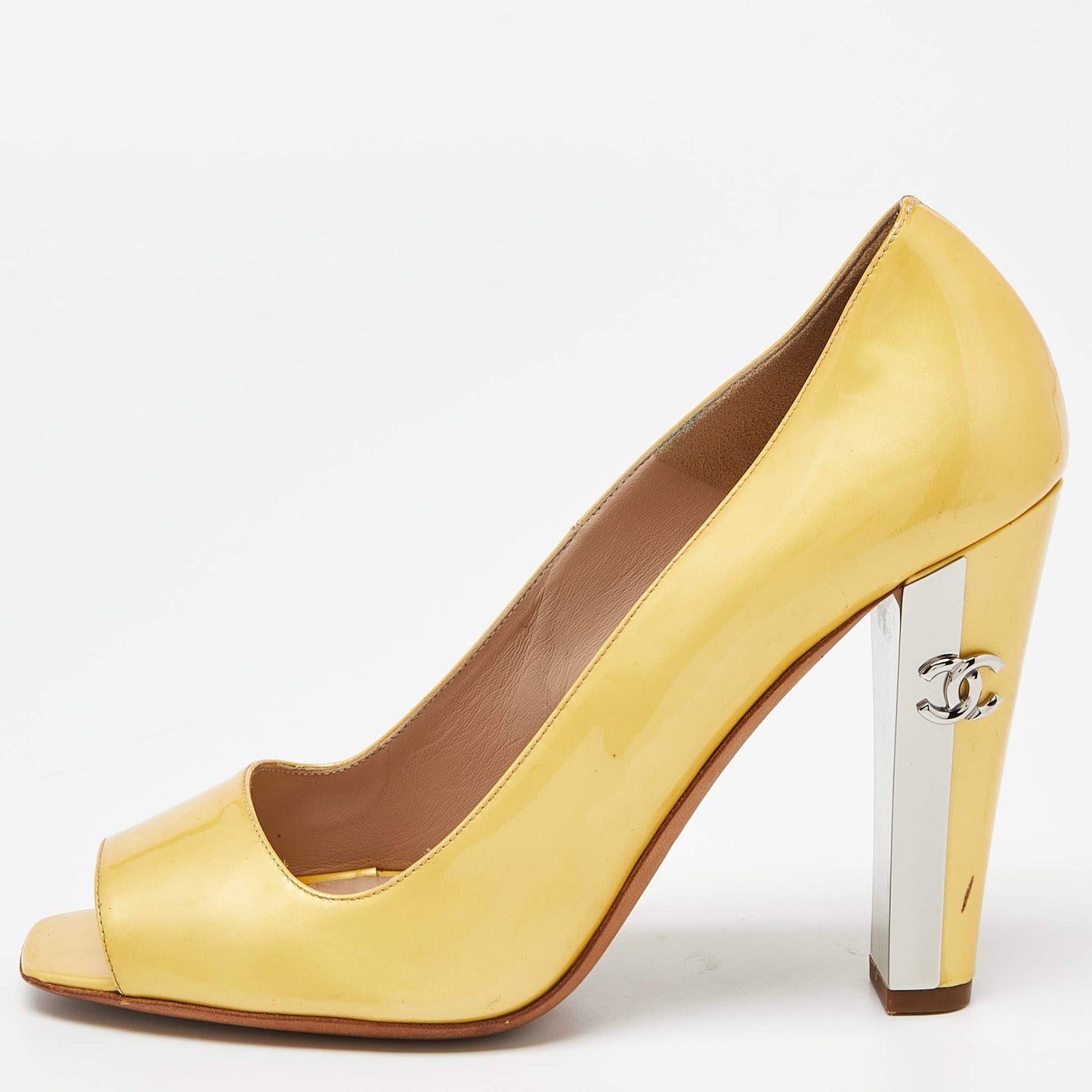 Original Chanel Yellow Patent Leather CC Open Toe Pumps Size 38