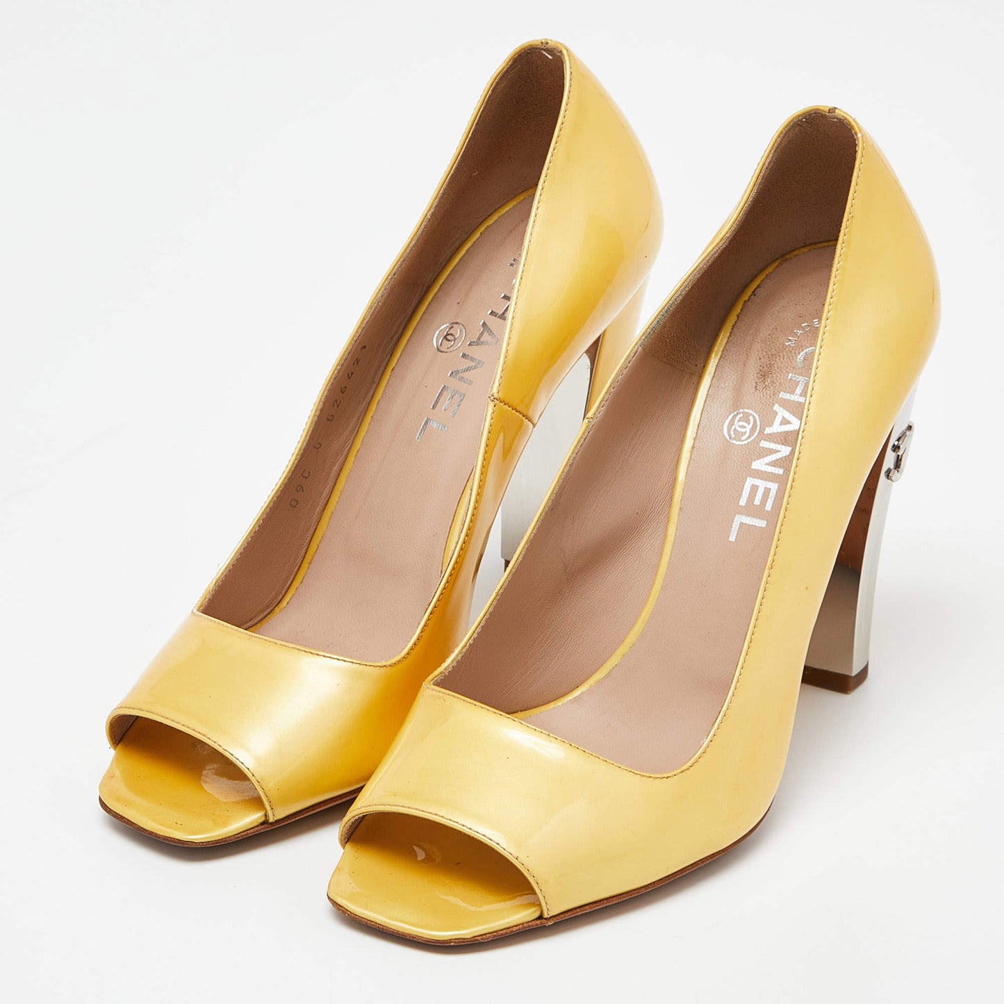 Original Chanel Yellow Patent Leather CC Open Toe Pumps Size 38