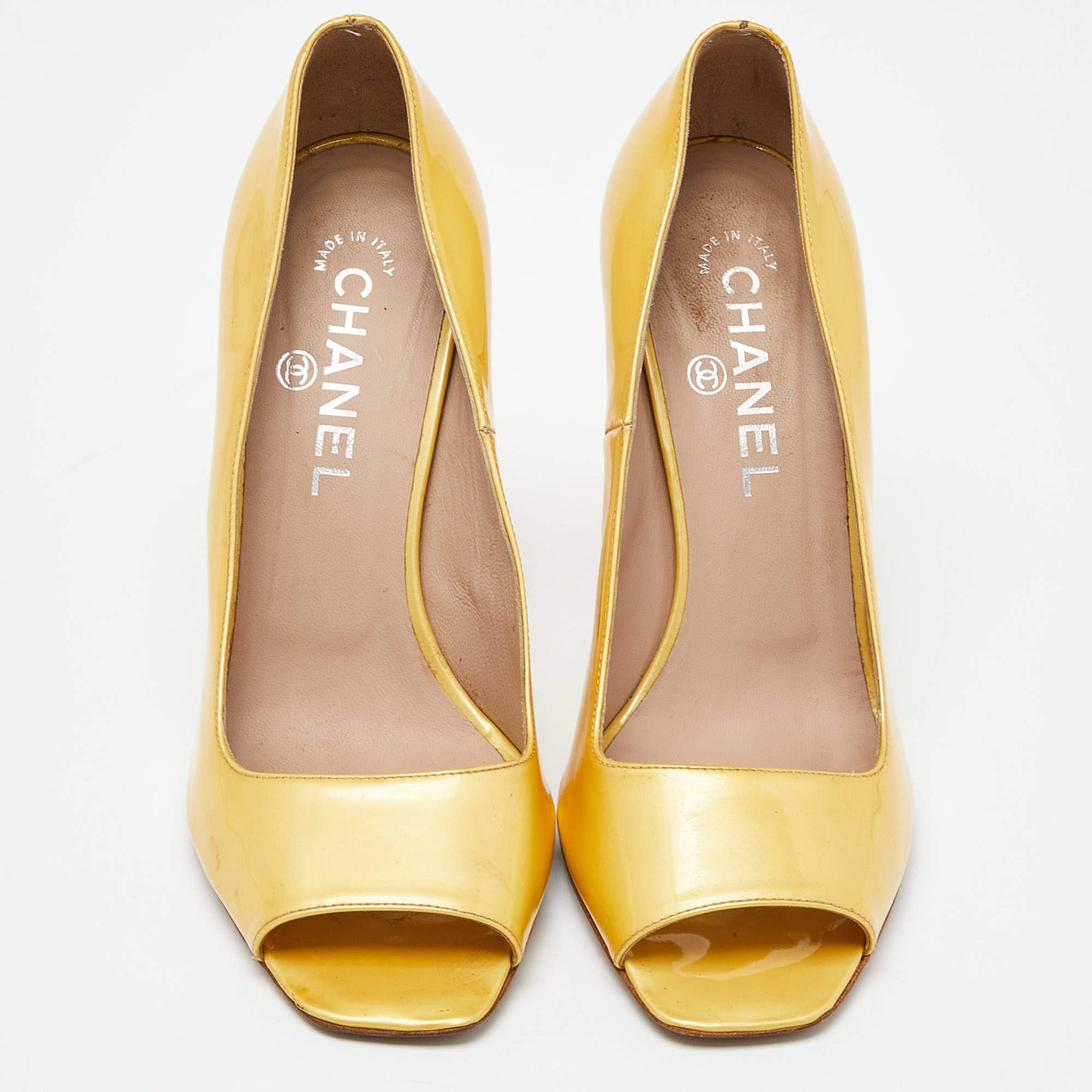 Original Chanel Yellow Patent Leather CC Open Toe Pumps Size 38