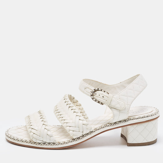 Original Chanel White Woven Leather Ankle Strap Sandals Size 37.5