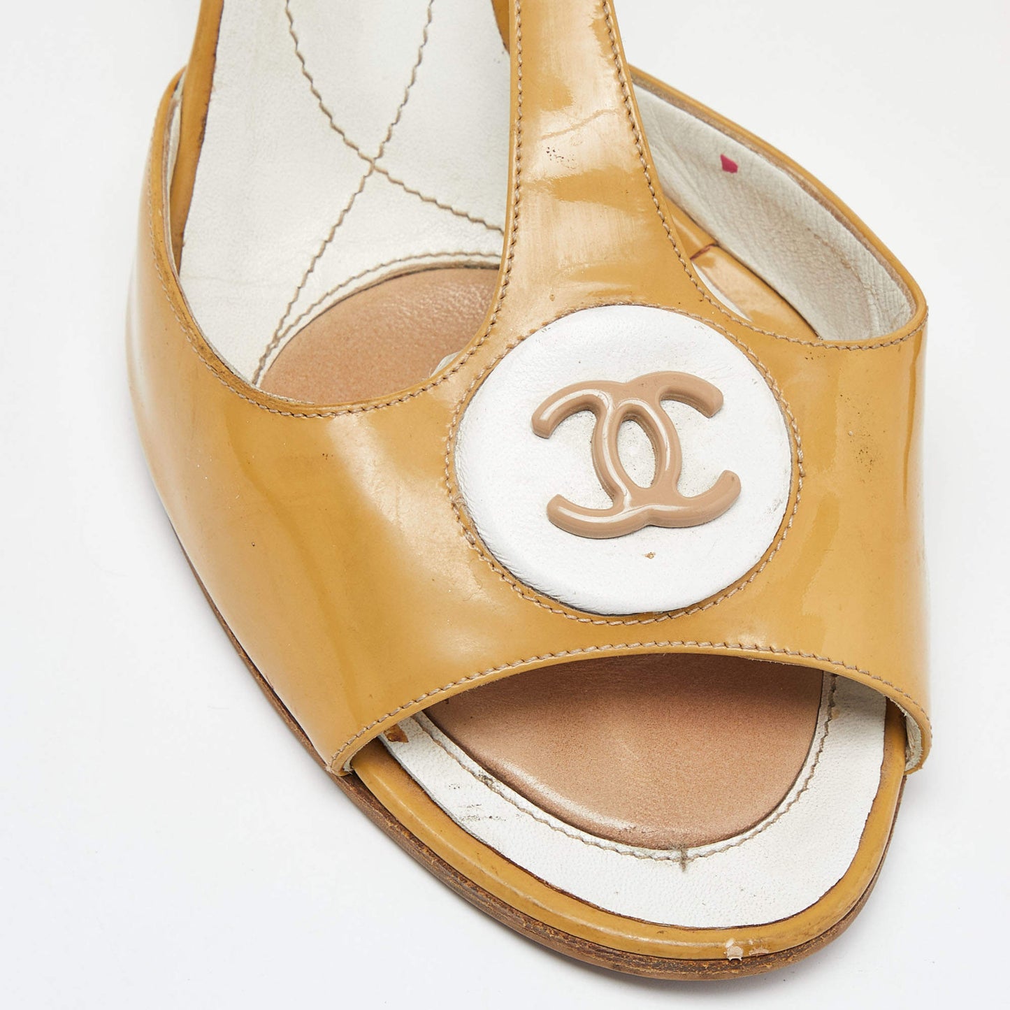 Original Chanel Beige/White Patent and Leather CC T-Bar Ankle Strap Sandals Size 39