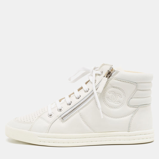 Original Chanel White Leather CC High Top Sneakers Size 37.5