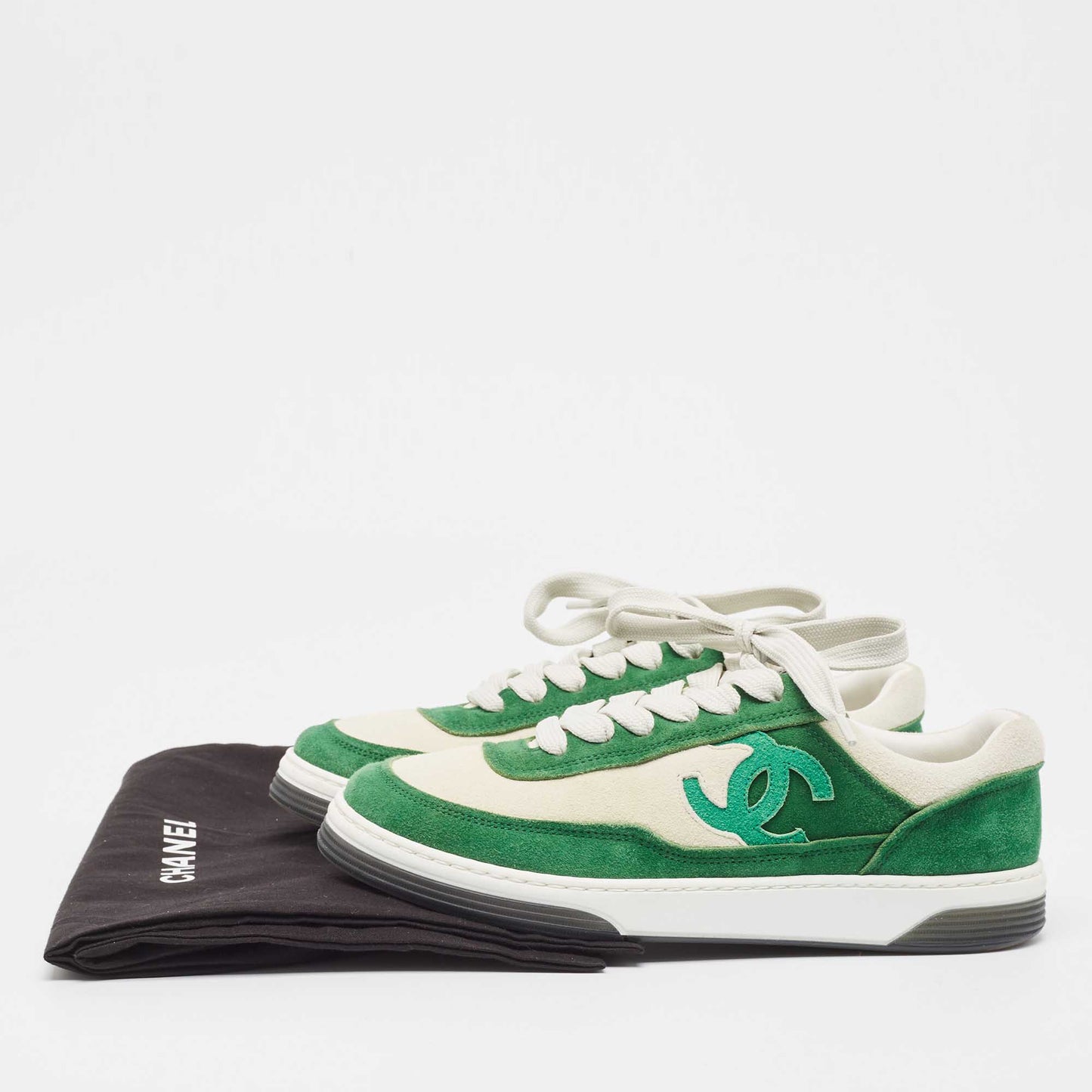 Original Chanel Green/White Suede CC Low Top Sneakers Size 37