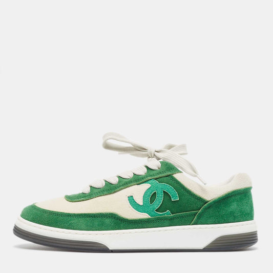 Original Chanel Green/White Suede CC Low Top Sneakers Size 37