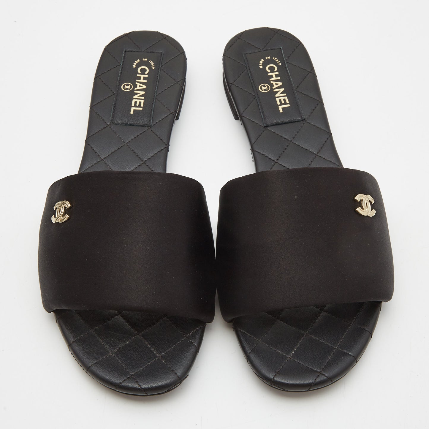 Original Chanel Black Satin Interlocking CC Flat Slides Size 39.5