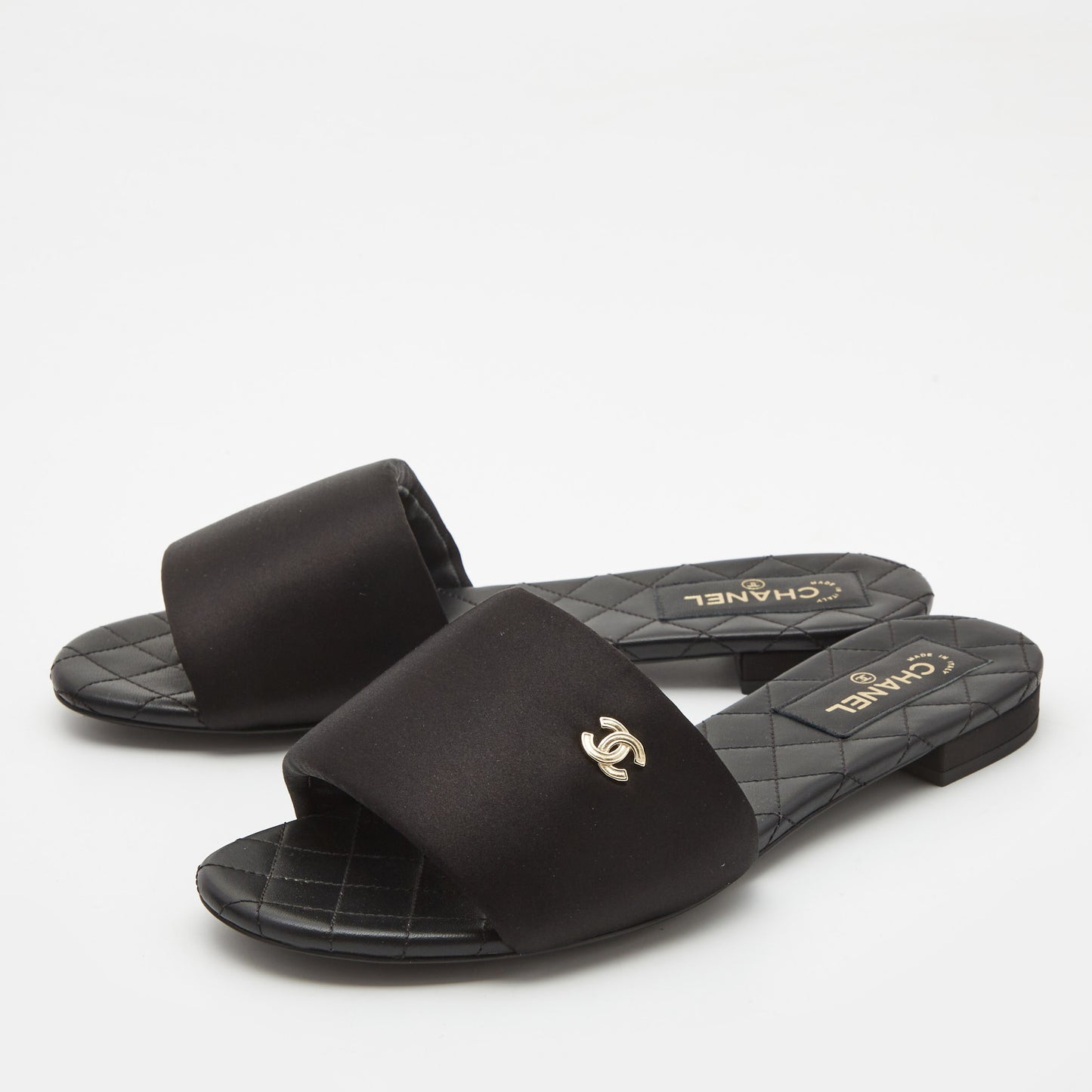 Original Chanel Black Satin Interlocking CC Flat Slides Size 39.5