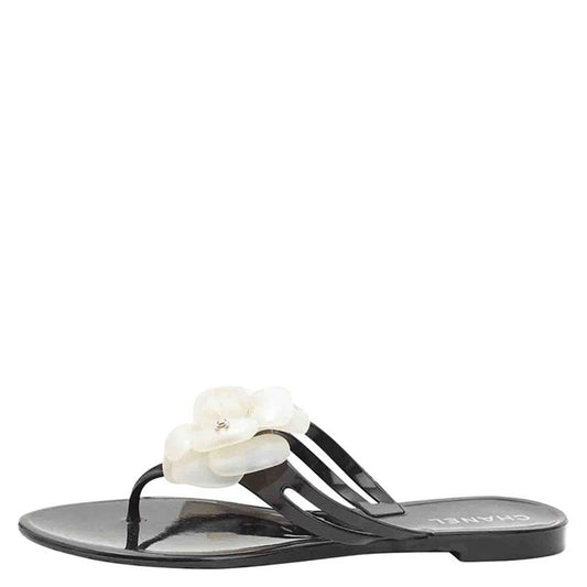 Original Chanel Black and White Jelly Camellia Thong Sandals Size 38