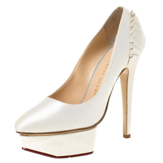 Original Charlotte Olympia White Satin Paloma Fan-Pleat Platform Pumps Size 34 (Never Used)