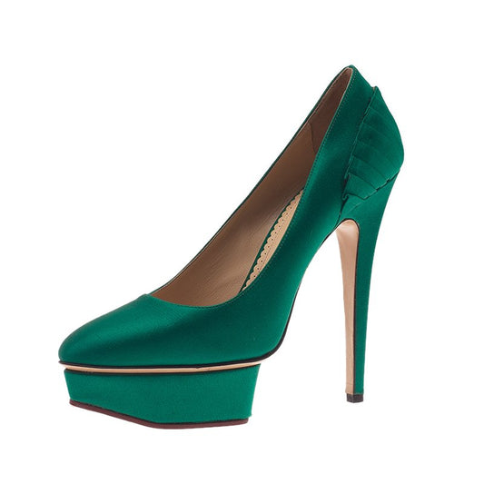 Original Charlotte Olympia Green Paloma Fan-Pleat Satin Pumps Size 38.5  (Never Used)