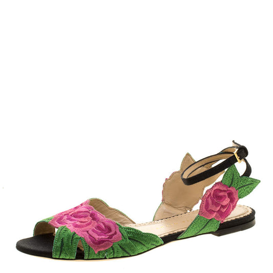 Original Charlotte Olympia Pink/Green Rose Embroidered Fabric Ankle Strap Flat Sandals Size 36