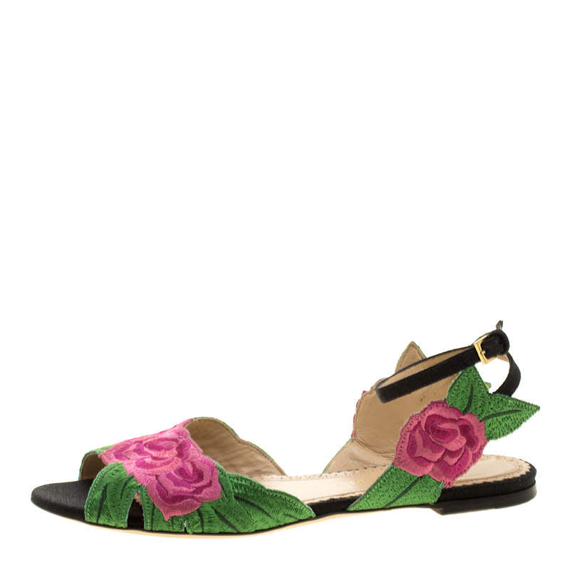 Original Charlotte Olympia Pink/Green Rose Embroidered Fabric Ankle Strap Flat Sandals Size 36