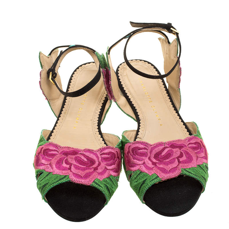 Original Charlotte Olympia Pink/Green Rose Embroidered Fabric Ankle Strap Flat Sandals Size 36