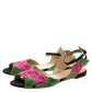 Original Charlotte Olympia Pink/Green Rose Embroidered Fabric Ankle Strap Flat Sandals Size 36