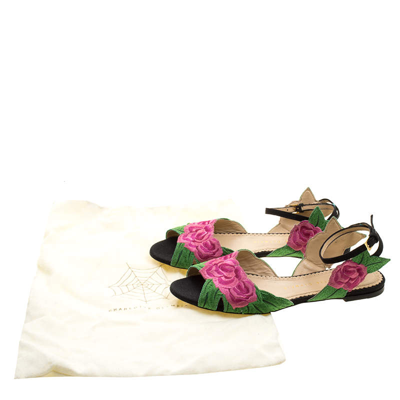 Original Charlotte Olympia Pink/Green Rose Embroidered Fabric Ankle Strap Flat Sandals Size 36