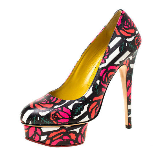 Original Charlotte Olympia Multicolor Rose Print Leather Dolly Platform Pumps Size 38.5