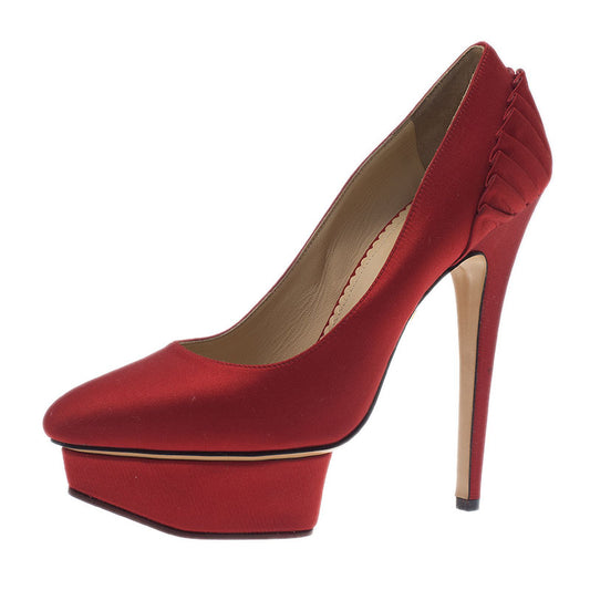 Original Charlotte Olympia Red Paloma Fan-Pleat Satin Pumps Size 38