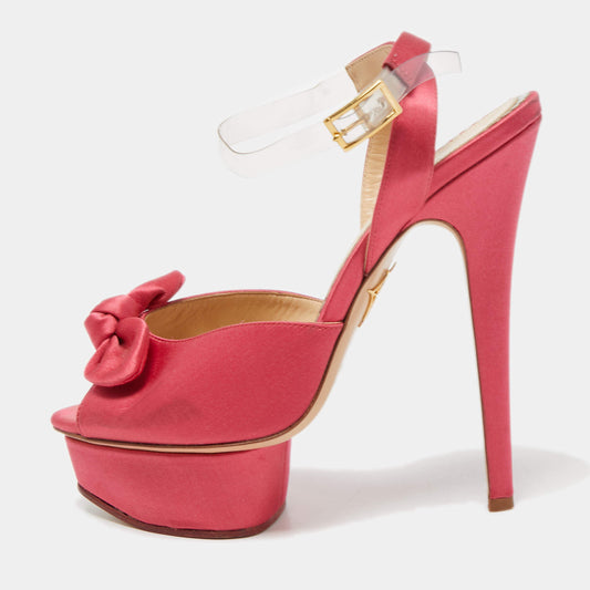 Original Charlotte Olympia Pink Satin Serena Bow Ankle Strap Platform Sandals Size 38