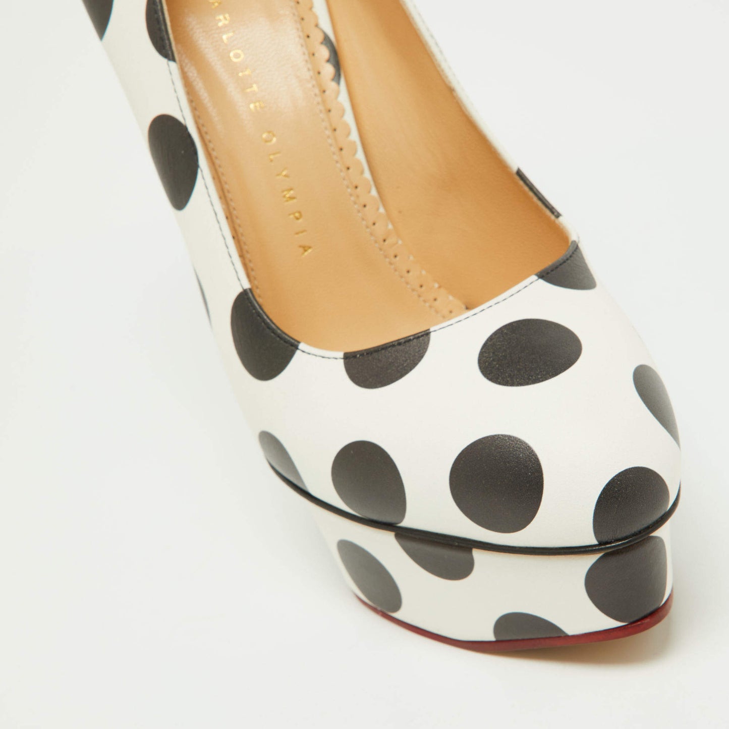 Original Charlotte Olympia White/Black Polka Dot Print Leather Dolly Platform Pumps Size 40