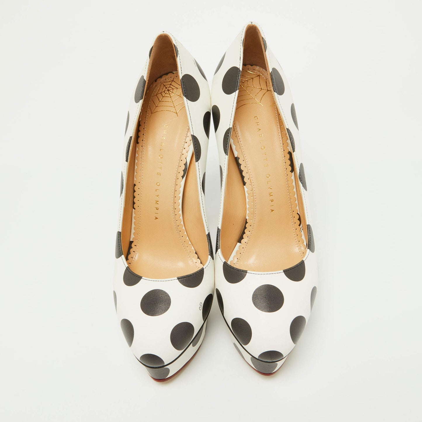 Original Charlotte Olympia White/Black Polka Dot Print Leather Dolly Platform Pumps Size 40